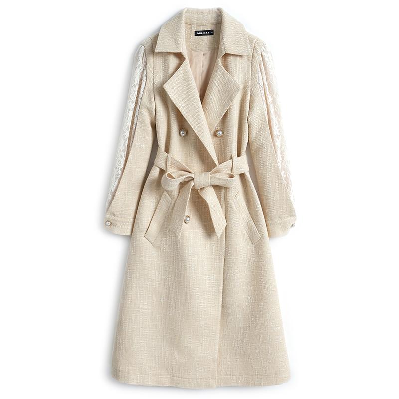 Fashion Atmosphere Lapel Double-breasted Close Tied With Belt Splicing Elegant Lace Sleeve Trench Coat The Winter 2021 Women's Tracksuits