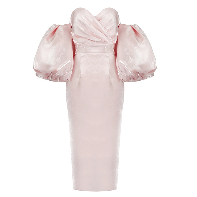 Women Dress Lantern Sleeve V-neck Off Shoulder Pink White Black Plus Size Vintage Sexy Long es 210513