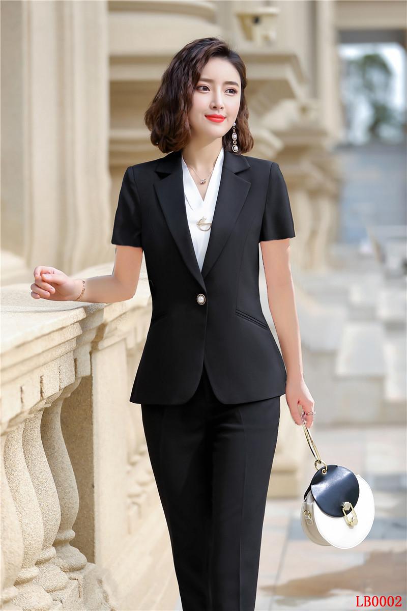 Summer Formal Ladies Pant Suits For Women Business Work Wear Sets Short Sleeve Black Blazer And Jacket Women's Two Piece Pants