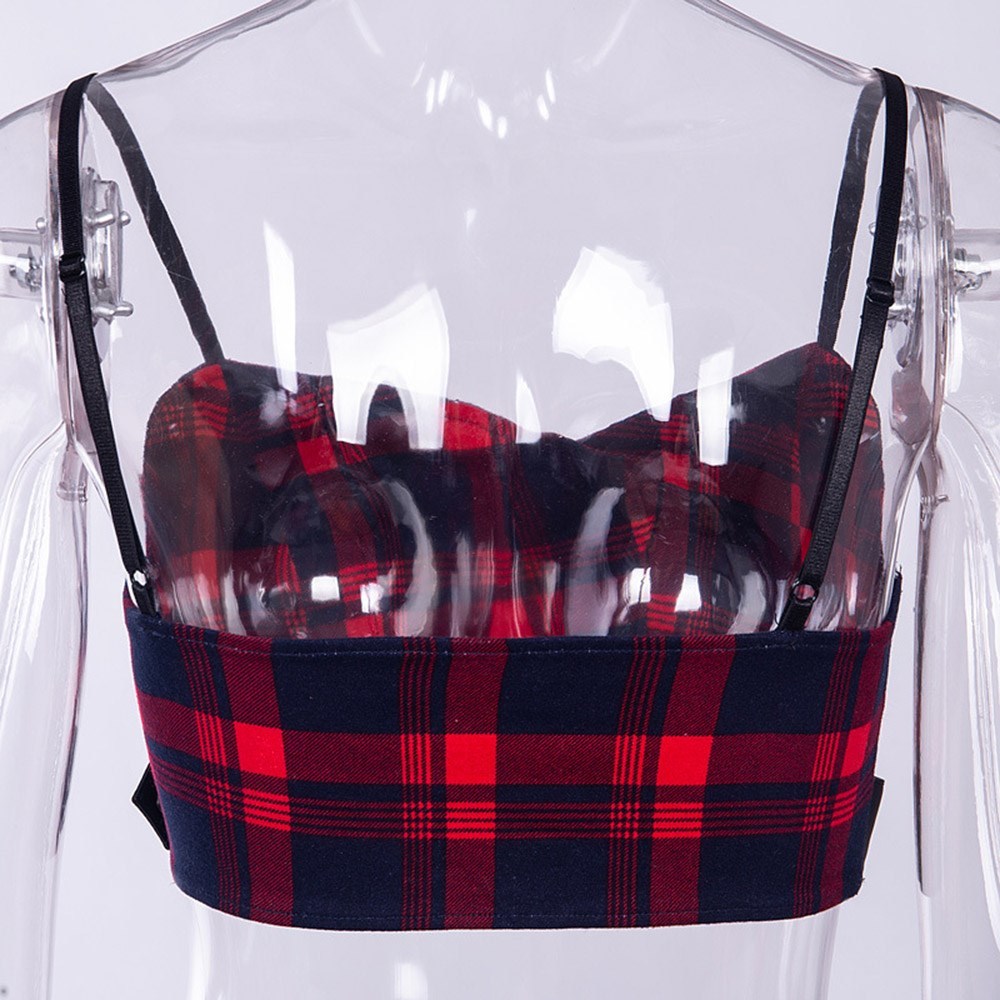 Rosetic Sexy Strap Tank Top Women Gothic Red Plaid Zipper Holes Pocket Streetwear Punk Girl Summer Casual Chic Crop Tops 210407
