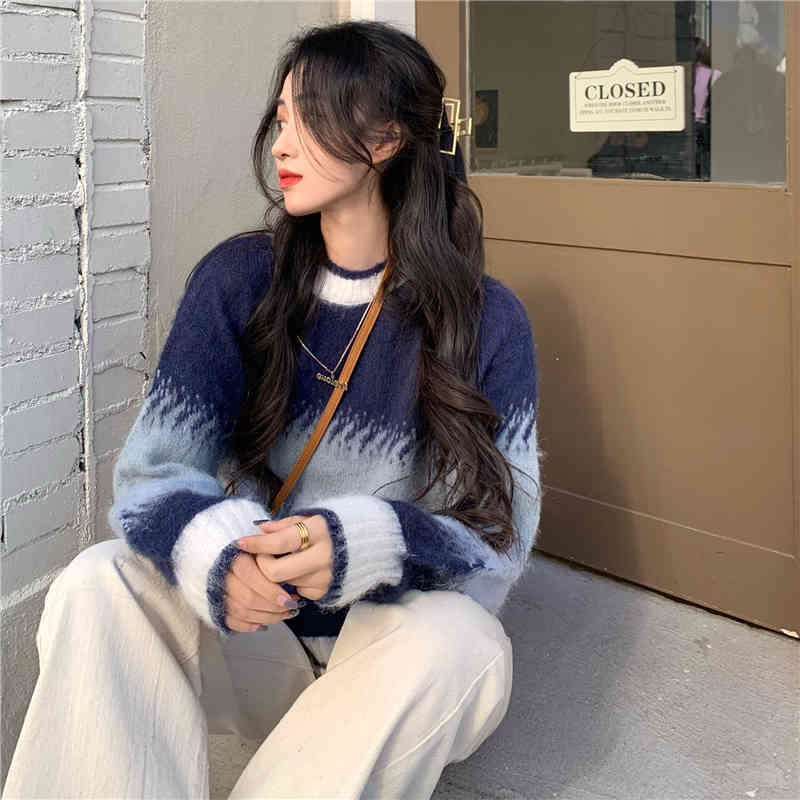 2 colors korean style loose Patchwork knitted warm sweaters womens and pullovers (C9940 210508