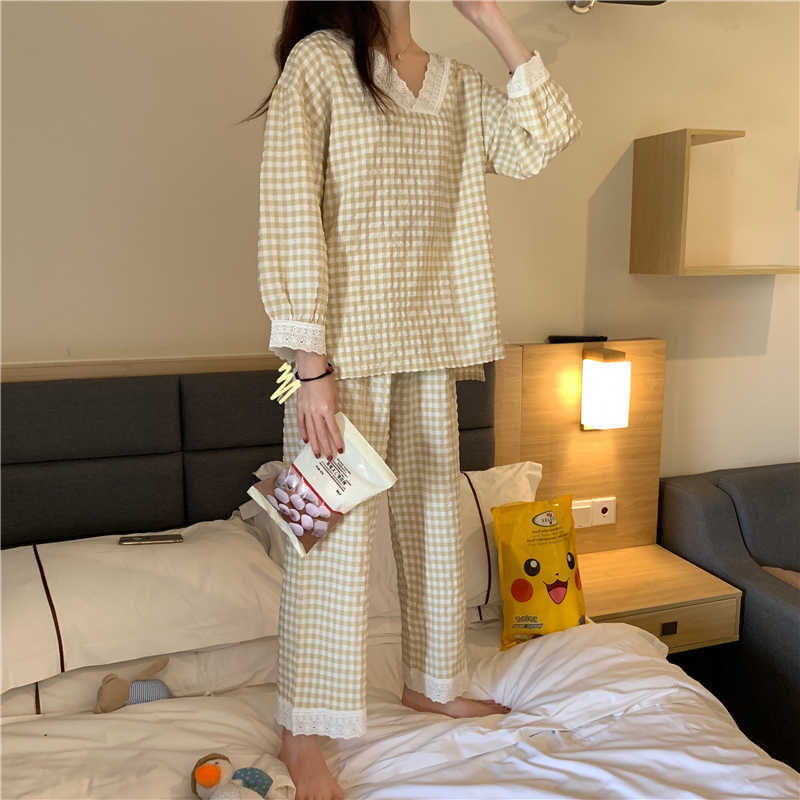 CAIYIER Korean Ulzzang Pink Plaid Print Pajamas Set Lovely V-Neck Girls Nightwear Loose Casual Long Sleeve Winter Homewear Suit 210924