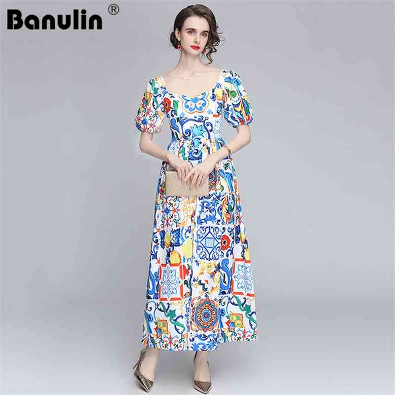Banulin Women Dresses Summer Ladies Square Collar Puff Sleeve Blue and white porcelain Floral Print Slim Long Party Dress 210603
Banulin Women Dresses Summer Ladies Square Collar Puff Sleeve Blue and white porcelain Floral Print Slim Long Party Dress 210603