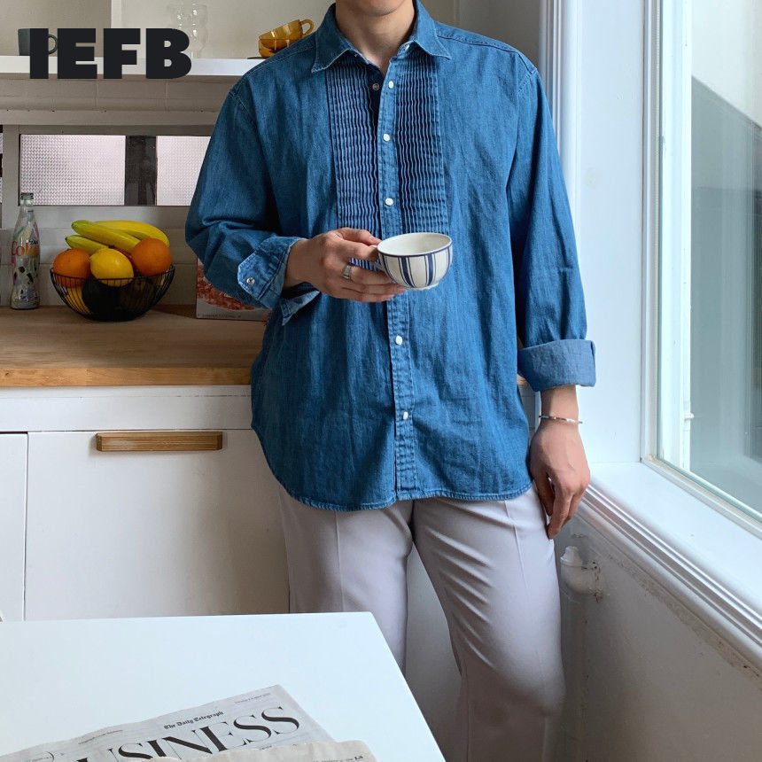 IEFB Spring Loose Oversized Men's Shirt Blue Long Sleeve Denim Shirts Lapel Single Breasted Clothes Korean Trend 9Y7346 210524
