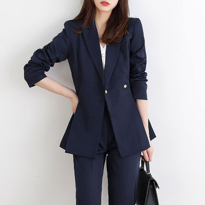 Professional Women Blazer Pants Suit OL Elegant Business Wear Lace-up Blazers + Suits 2 Piece Sets 210421