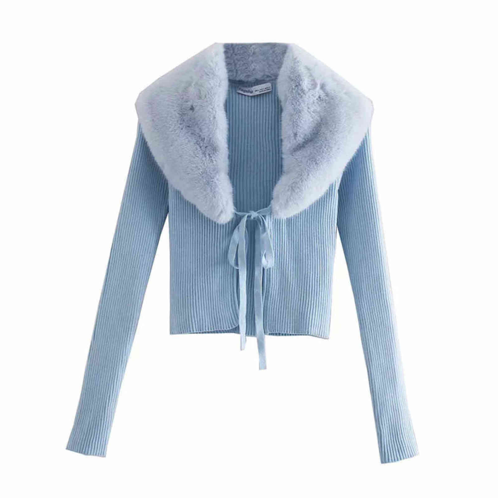 BBWM Women Sweet Fur Collar Splicing Knitting Sweater Female Lace Long Sleeve Cardigan Chic Top 211117