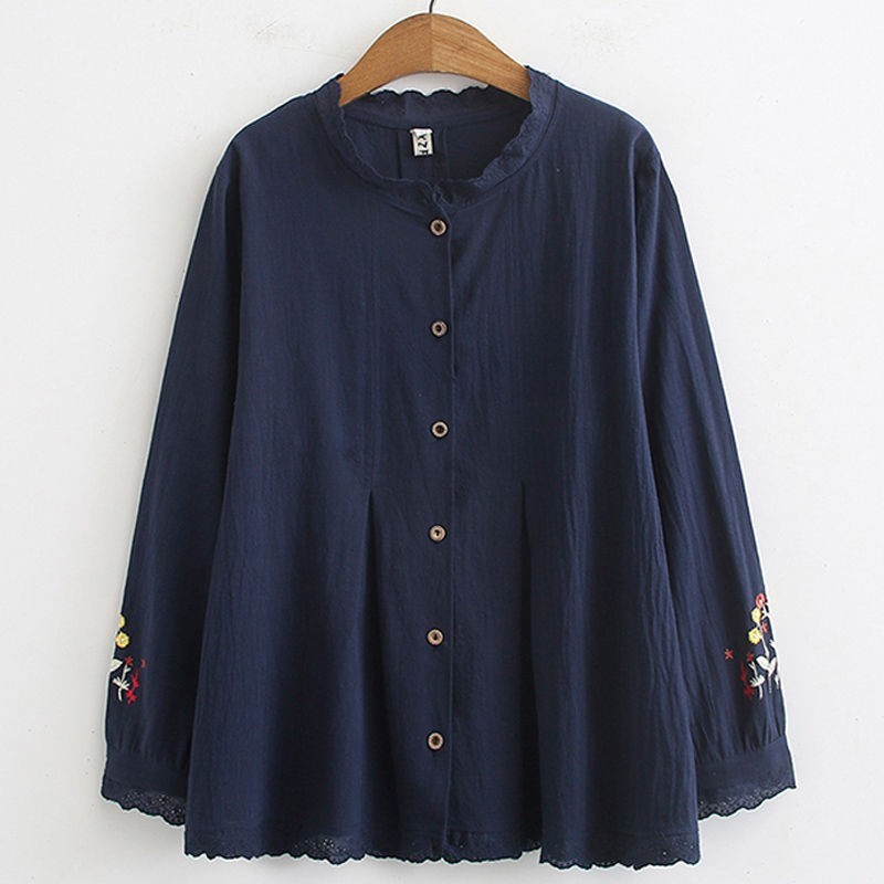Arrival Spring/autumn Women Loose Casual Long Sleeve Floral Embroidery Blouse Ruffled Collar Cotton Linen Shirts W78 210512