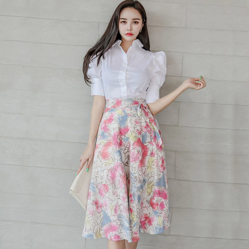 Summer White Puff Sleeve Shirt Button Tops + Print Floral Bow Skirt Suit Beach Vacation Casual 2 Piece Set for Women 210506