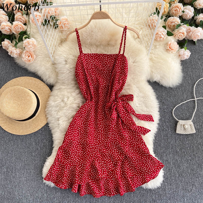Seaside Holiday Dress Women's Summer Robe Temperament Slim Ruffles Mini Dresses Sleeveless Chiffon Sling Vestidos 210519