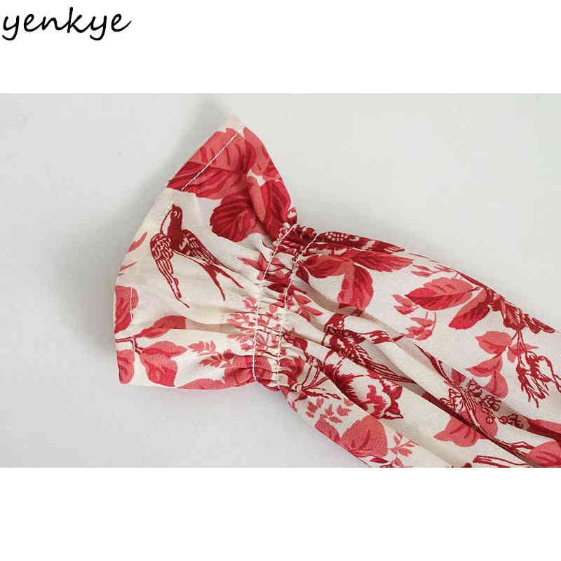 YENKYE Elegant Women V Neck Vintage Floral Print Dress Female Sexy Slits A-line Midi Summer Chiffon Dress Vestidos Mujer 210515