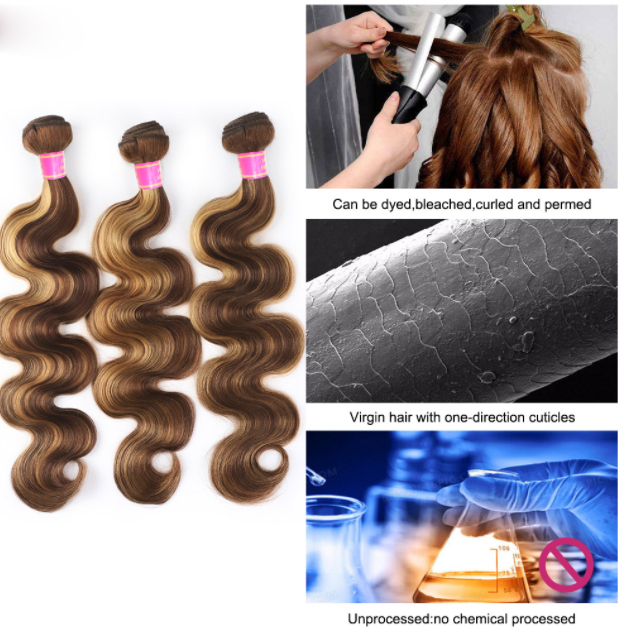Brazilian Ombre 3 Bundles Body Wave Human Hair P4/27 Brown with Highlight Color Remy Weaves 100g/pcs