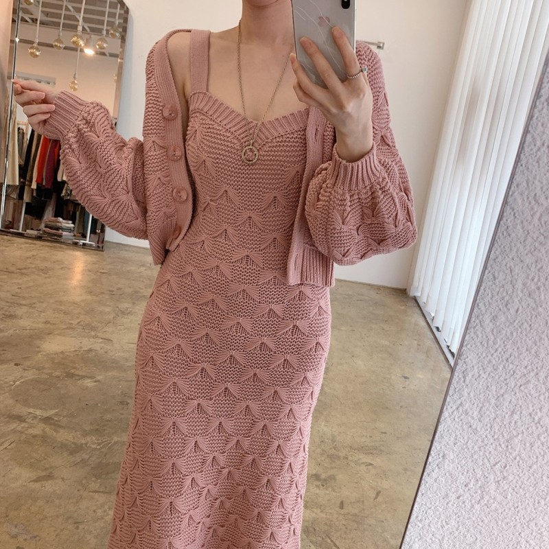 Korean Jacquard Knitted 2 Piece Set Women Chic Single-Breasted Lantern Sleeve Short Sweater Coat + Spaghetti Strap Slim Dress 210518