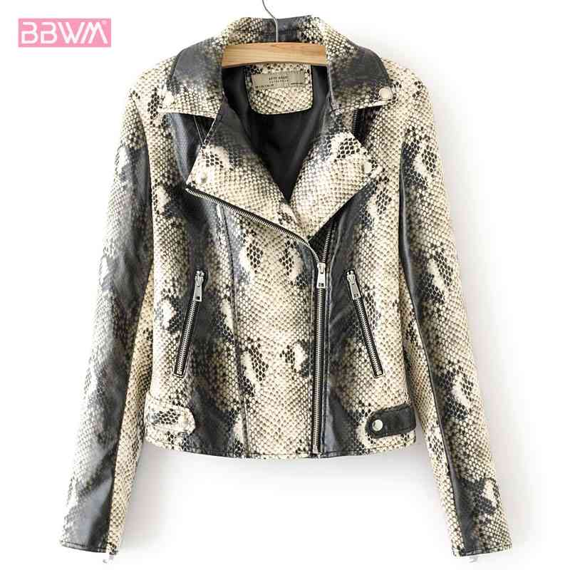 Serpentine PU Locomotive Lapel Long Sleeve Zipper Slim Women's Jacket Autumn Slim Fashion Black Female Coat Harajuku 210507