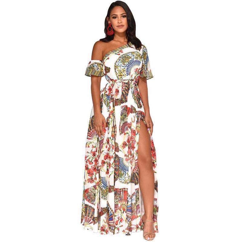 Women Dress Printed Bohemia es Sexy Long Print Floral Maxi Oblique Shoulder Split Plus Size Summer es 210513