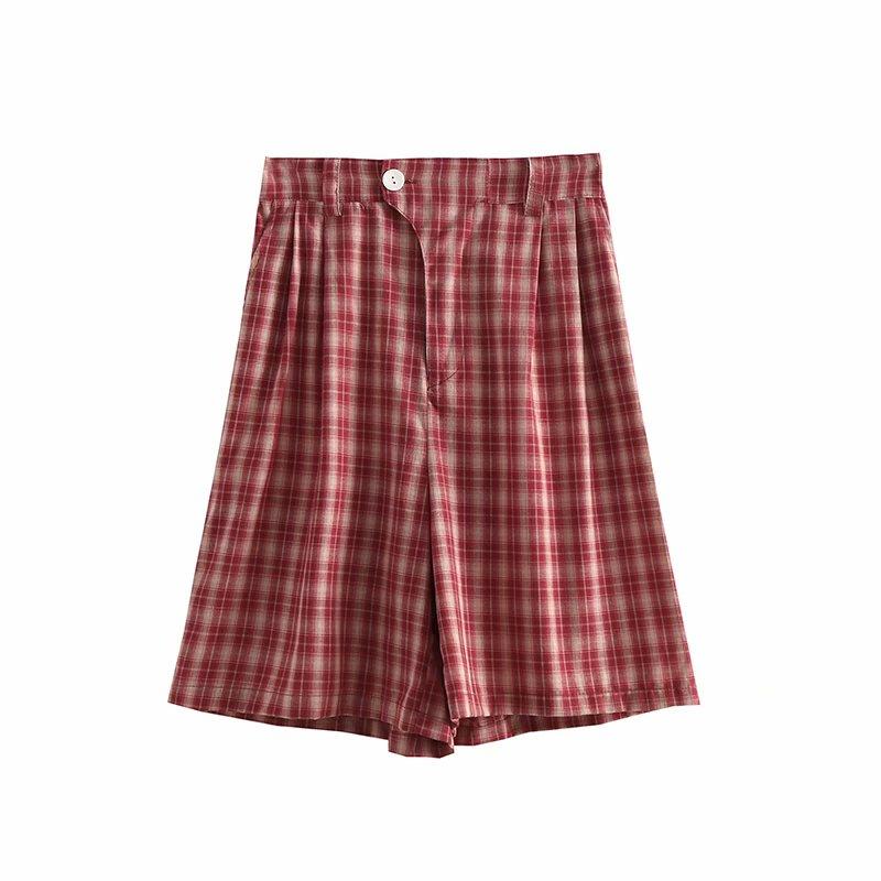 Red Plaid Women Hight Waist Shorts Cotton Pocket Mini 2021 Summer Mori Girl Style Button Korean Ladies Basic Bottoms Women's