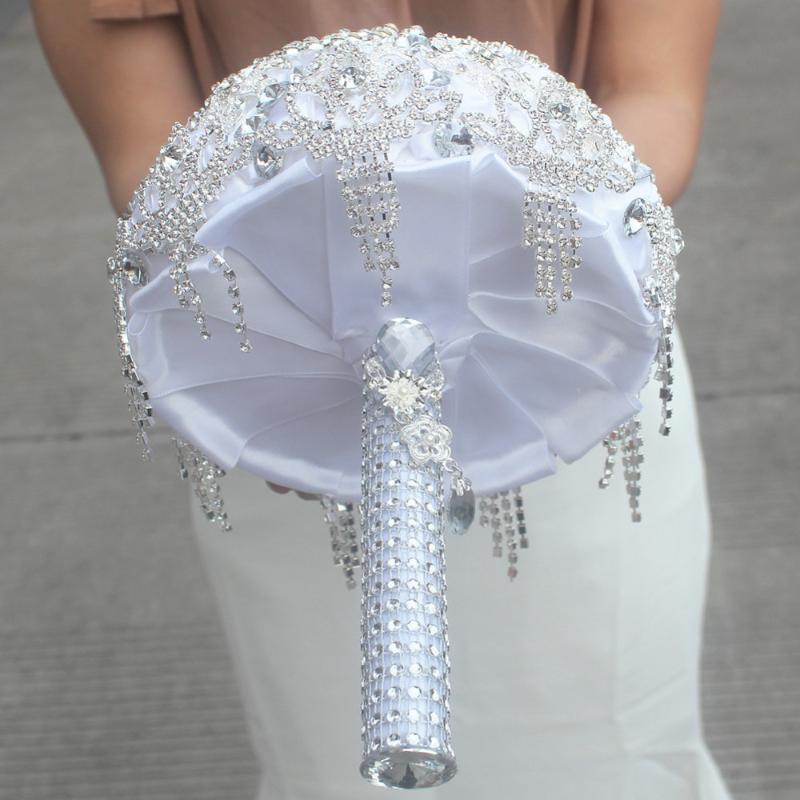 Luxury Handmade Diameter 18CM Wedding Bouquet Silver Plated Crystal Rhinestone Brooches Jewelry Bridal Hand Flower Decorative Flowers & Wrea