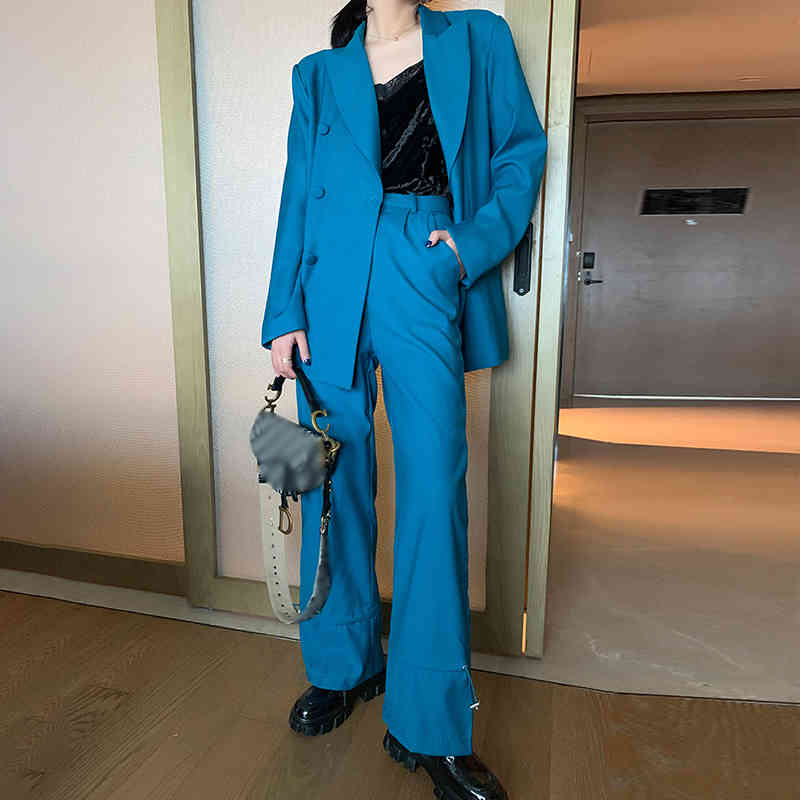 VGH Minimalist Sets For Female Notched Long Sleeve Blazer Wide Leg Loose Pants Casual Solid Two Piece Set Women Autumn New Tide 210421