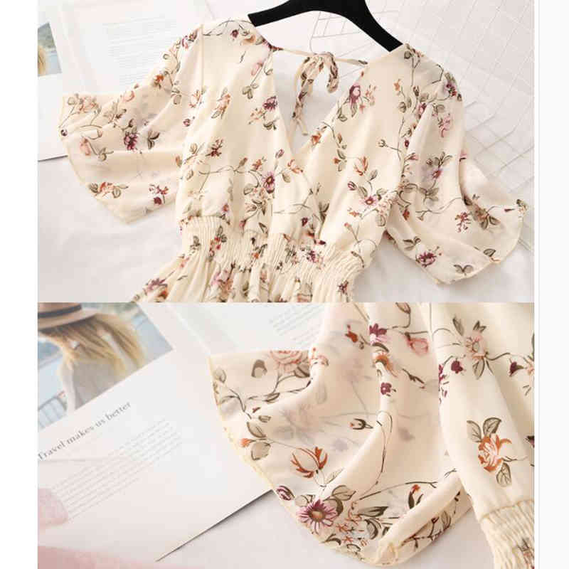 Bohemia V-neck Long Dress Summer Women Floral Print Chiffon Dress Female Short Sleeve Backless Ruffles Vestidos 210521