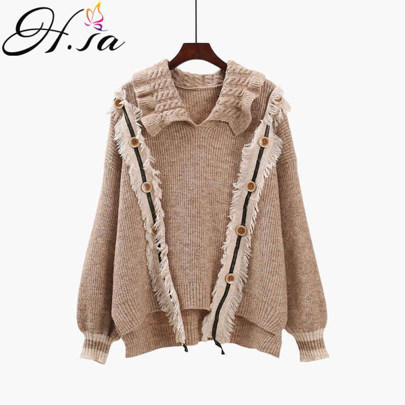 H.SA Women Winter Sweater and Pullovers Turtleneck Turn down Collar Pull Sweaters Tassel Knit Jumpers Winter Clothes Button Tops 210716