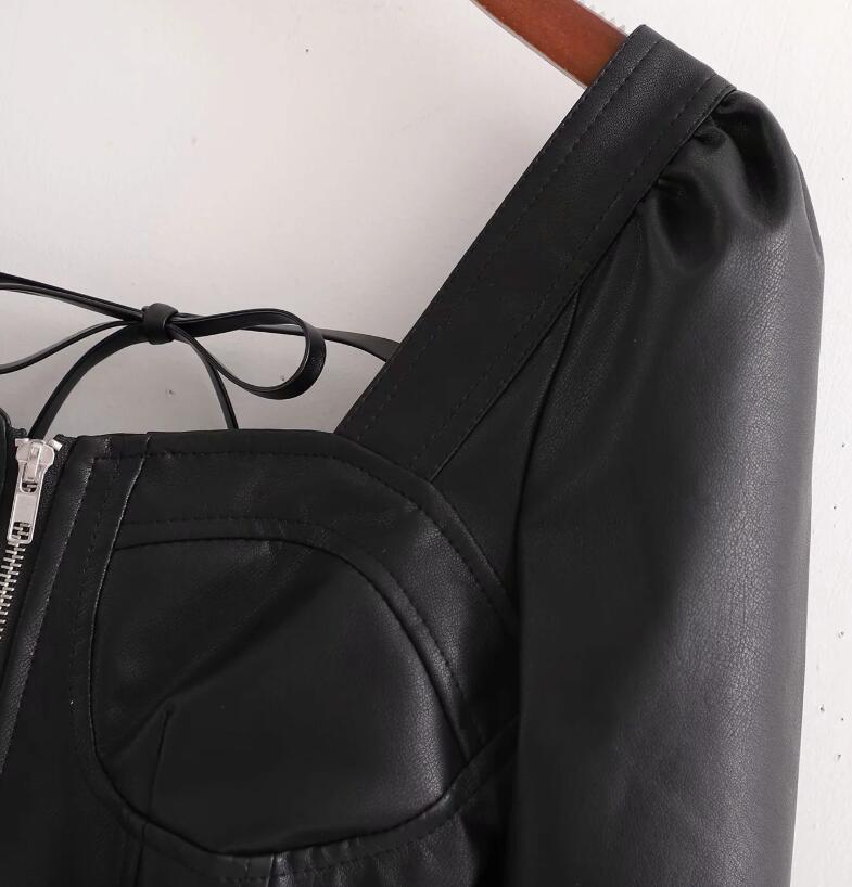 Spring Streetwear Square neck PU Cropped Shirt Women Long Puff Sleeve Slim High Waist Short Faux Leather Blouse Tops 210429