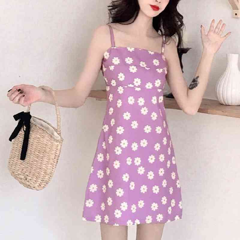 Korean fashion mini beach dress elegant women spaghetti strap sleeveless backless vintage floral short evening party dresses 210521