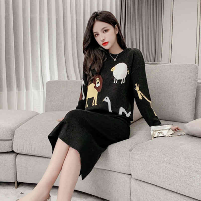Arrival Autumn Winter Korea Fashion Women Two Piece Set Knit Skirt Cartoon pattern Casual Pullover sweater 2 S455 210512