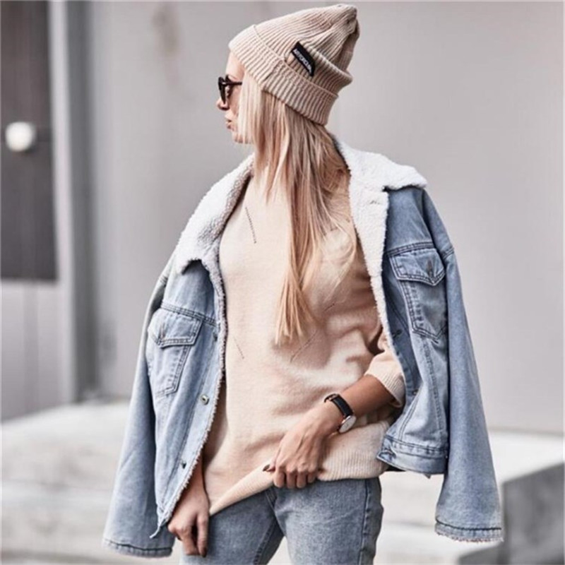 Jacket Women Denim Winter Lamb Wool Loose Long Sleeve Velvet Thin Cotton Vintage Button Coat 210428