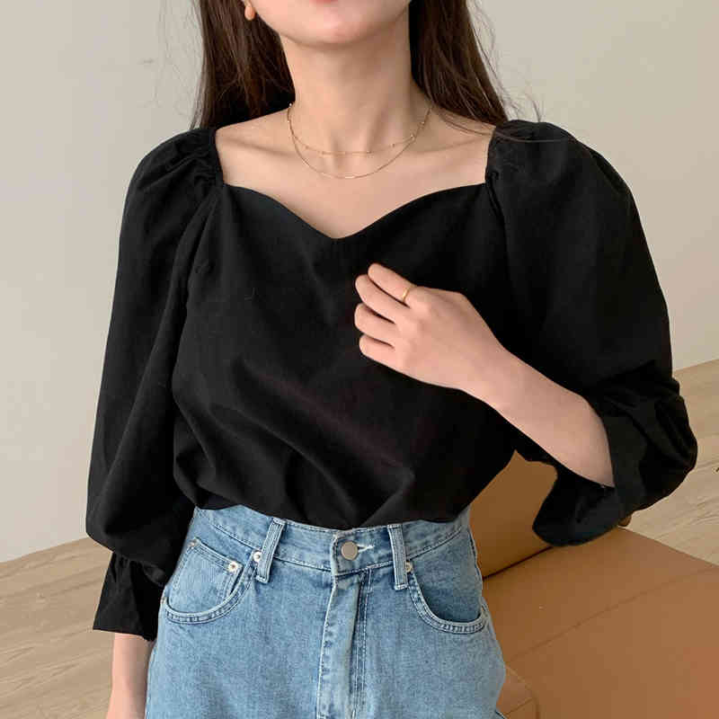Nomikuma Square Collar Korean Causal Women Top Blouse Solid Puff Long Sleeve Blusas Femme Pullover Shirt New Arrival 6D774 210427