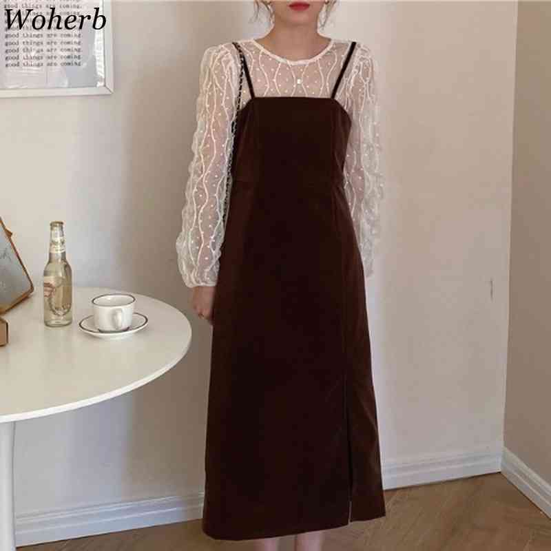 Womens Lace Shirt See Through Tops High Waist Velvet Suspender Elegant Dress Korean Suit Two-piece Set Women 210519