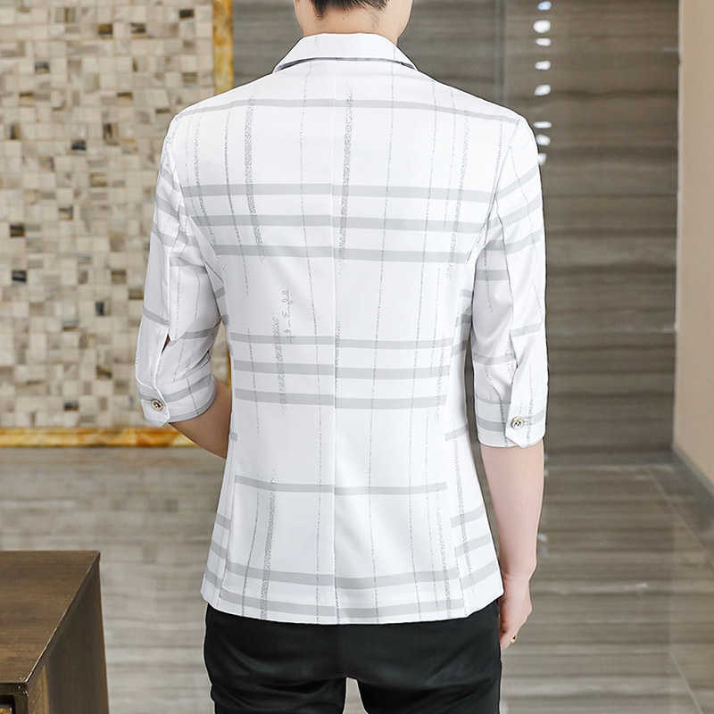 Fashion Men Blazers Plaid Casual Suit Jacket 3/4 Sleeve Wedding Business Blazer Street Wear Social Slim Coat Costume Homme 210527