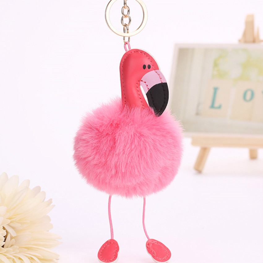 

10Pieces/Lot Cute Women Fluffy Pompom Pink Flamingo Keychain on The Bags Rabbit Fur Ball Pompon Anime Key Chain Car Bag Trinket Llaveros Gi