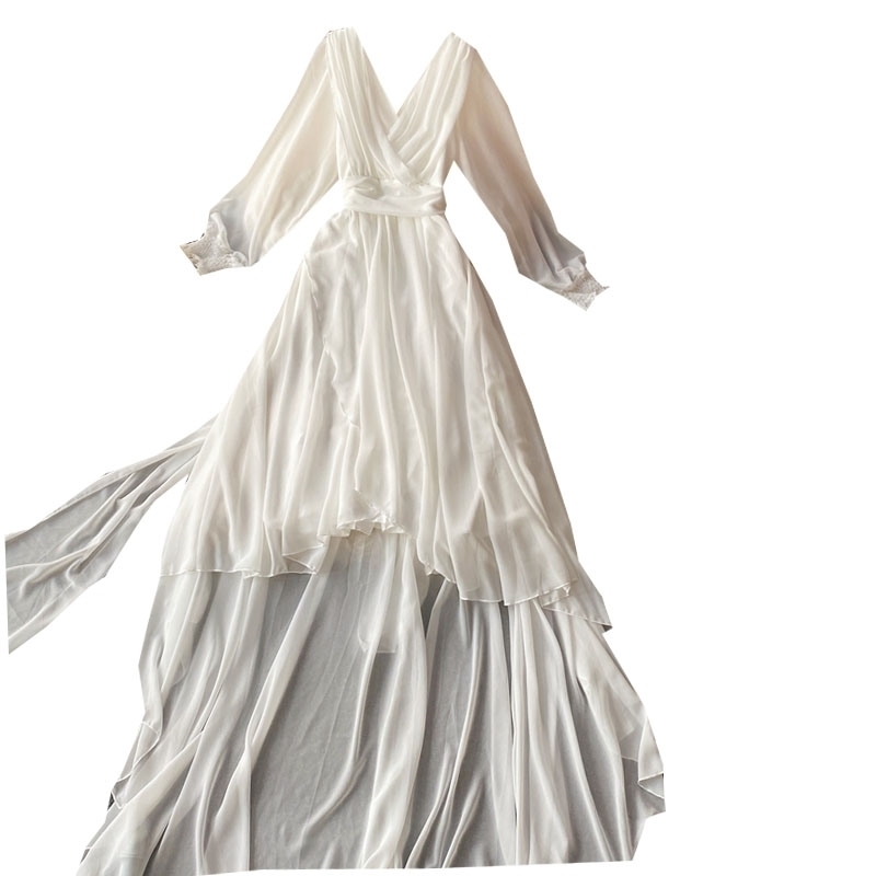 Beach Style Solid White Dress Women V-neck Asymmetrical Long Dresses Summer Korean Chic Vestidos De Mujer 210519