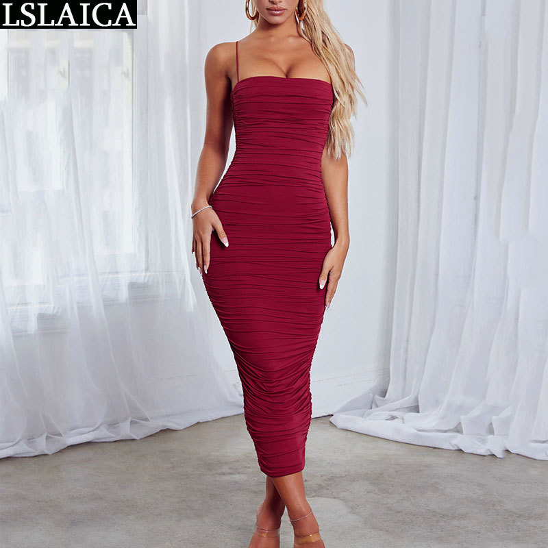Fashion dress women high waist solid color Draped backless sexy spaghetti strap casual elegant wild party 210515
