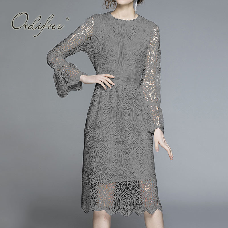 Summer Women White Lace Midi Embroidery Crochet Hollow Out See Through Long Sleeve Tunic Elegant Party Dress 210415 C260312