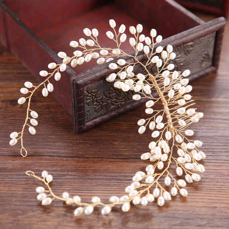 Wedding Hair Jewelry Accessories Pearl Long Band Comb Dish Bride Headdress Headband