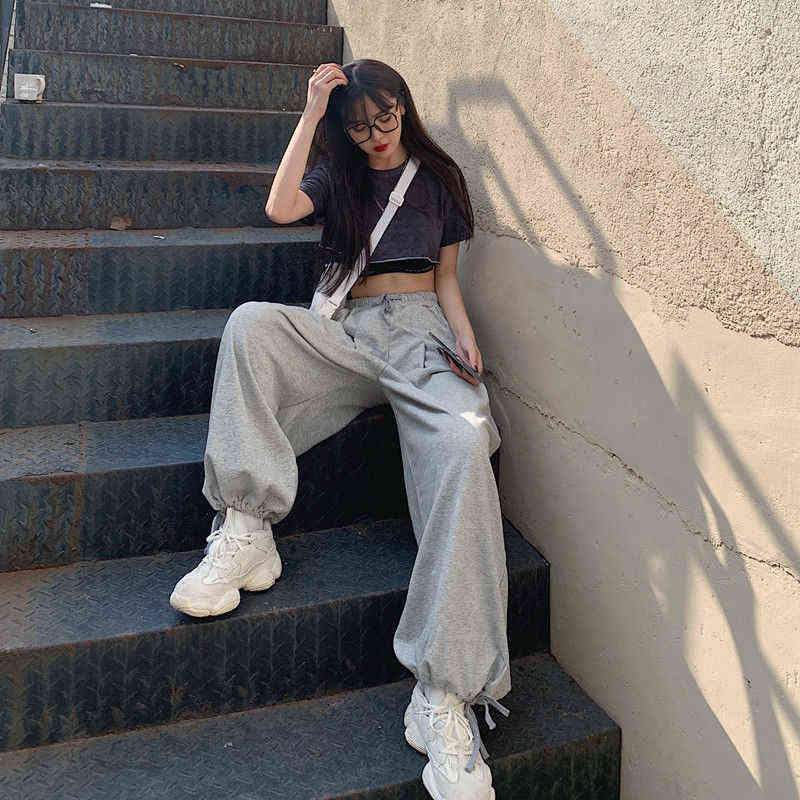 MINGLIUSILI Gray Jogger Summer Korean Fashion Sweatpants High Waist Solid Color Streetwear Loose Casual Pants 211124Z