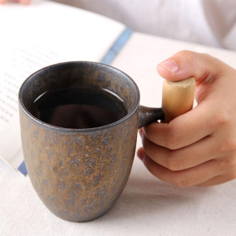 Mugs Creative Japanese Ceramic Coffee Mug Tumbler Rust Glaze With Wooden Handle Tea Milk Beer Water Cup Home Office Drinkware 300ML