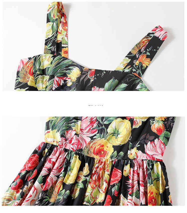 vintage summer midi dress tropical flower fruit printed camisole square collar dresses lady traf vestidos de mujer casual 210421