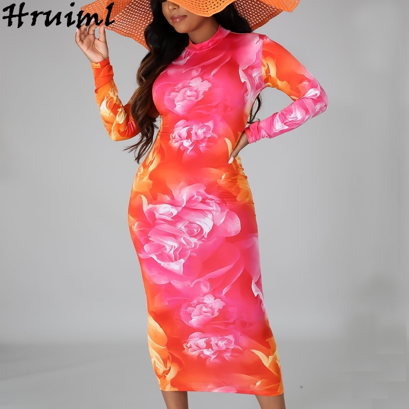 Woman Dress Long Sleeve O-neck Floral Print Elegant Midi Bodycon High Waist Night Party Club Holiday Summer 210513