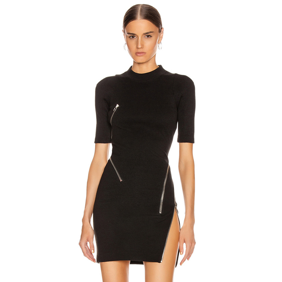 Summer Women Bandage Dress Sexy Short Sleeve Asymmetric Zipper Black Vestidos Celebrity Evening Party 210423