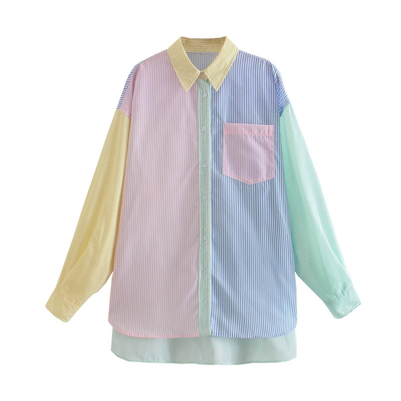 PUWD Casual Woman Loose Stripe Patchwork Shirt Spring Fashion Ladies Oversized Shirts Female Sweet Colorful Tops 210522