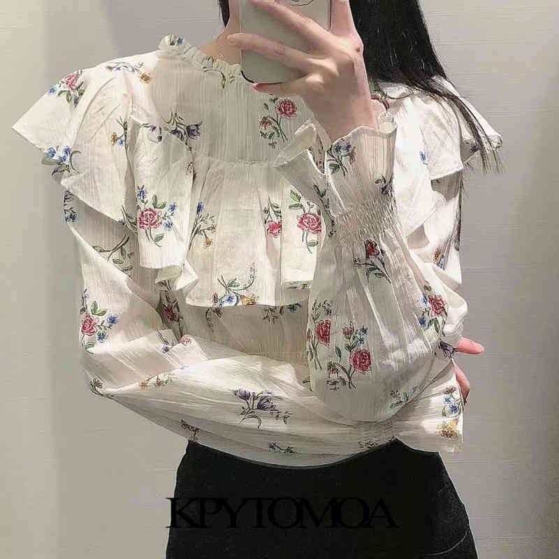 Women Fashion Floral Print Ruffled Cropped Blouses Long Sleeve Smocked Hem Female Shirts Blusas Chic Tops 210420