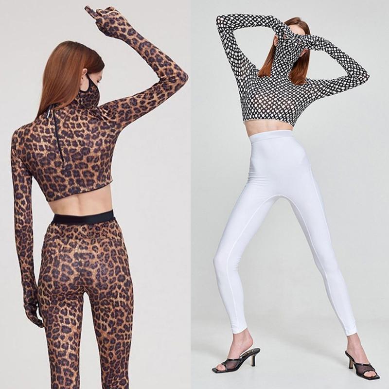 Women' T-Shirt Women Long Sleeve Gloves Skinny T Shirt Turtleneck Face Mask Leopard Circle Print Crop Top Casual Bodycon Streetwear