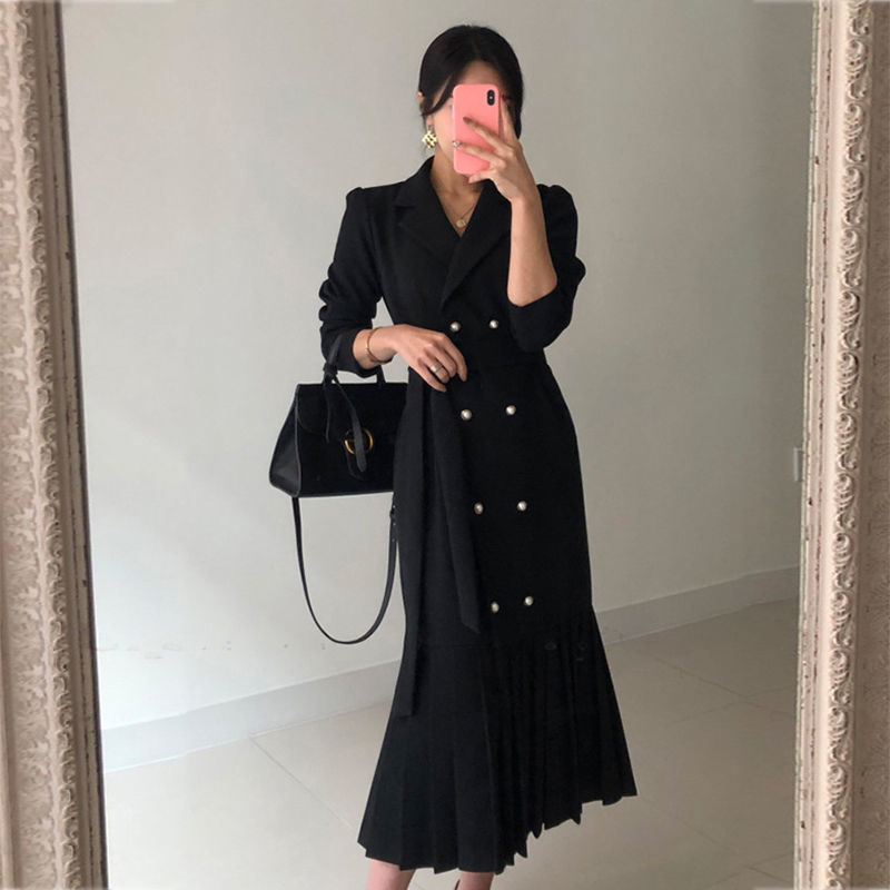 Long Trench Dress Women Suit Color Sleeve Minimalist Fashion Career OL Maxi Dresses High Quality Vestidos 210421