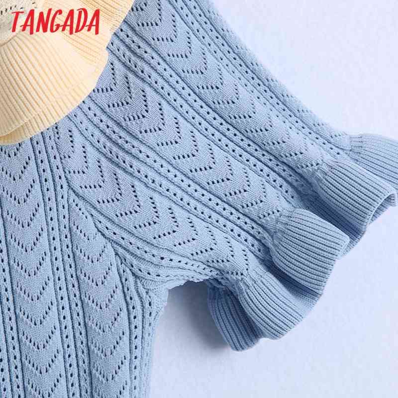 Women Blue Ruffled Cropped Knitted Sweater Patchwork Collar Short Sleeve Female Pullovers Chic Tops BE476 210416