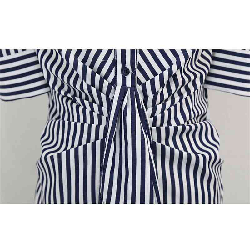 Fashion Women Stripe Shirt Dress Korea Temperament turn Down Collar Puff Sleeve High Waist Ruched Casual Mini 210519