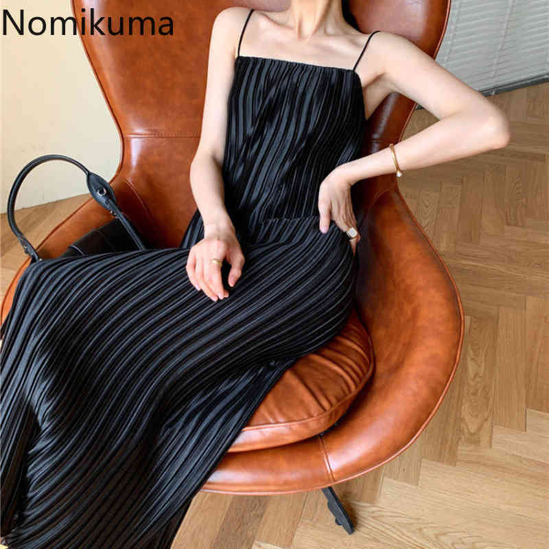 Nomikuma Summer Spaghetti Strap Dress Korean Strapless Sling Dresses Causal Korean Folds Fashion Solid Vestidos Femme 6H125 210427