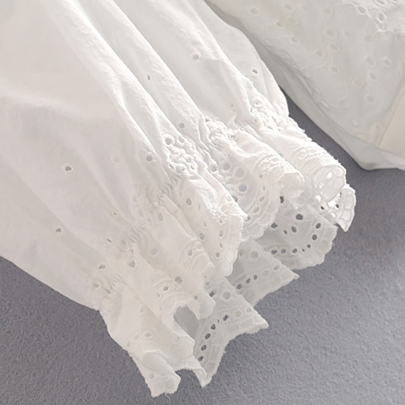 Women Chic Embroidery Patchwork White Blouse Summer Pearl Puff Short Sleeve Stylish Blouses Holiday Cotton Shirt Female 210515