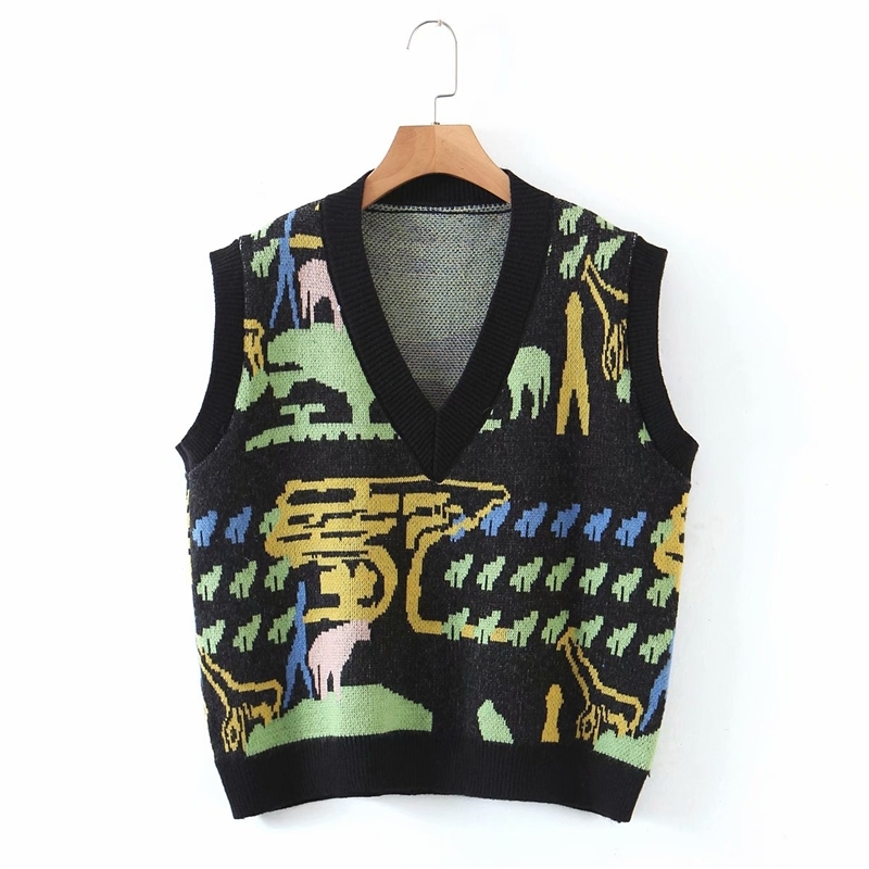Vintage Women Abstracting Jacquard Sweaters Vest Fashion Ladies V-Neck Knitted Tanks Streetwear Female Chic Pullovers 210430