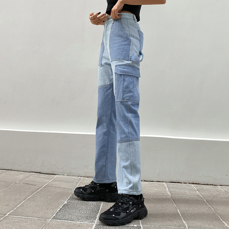 Patchwork Straight Leg Jeans Woman High Waist Denim Trousers Sexy Color Block Vintage Blue Brown Streetwear Pants 210524